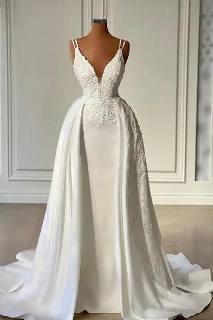 Glamorous Long Ivory A-line V-neck Sleeveless Lace Wedding Dress (ZD15609)