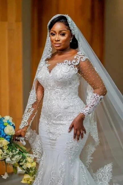Glamorous Long Mermaid Appliques Long Sleeves Wedding Dresses With Lace (ZD16537)