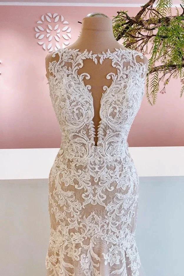 Glamorous Long Mermaid Bateau Appliques Lace Tulle Wedding Dress (ZD15235)