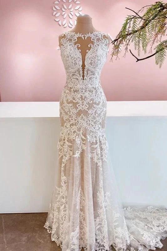 Glamorous Long Mermaid Bateau Appliques Lace Tulle Wedding Dress (ZD15235)