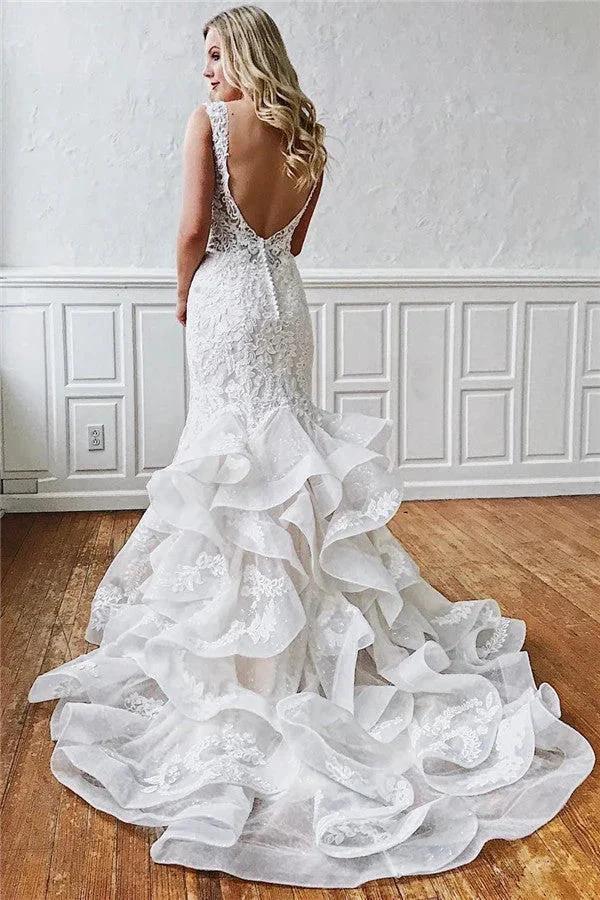 Glamorous Long Mermaid Straps Ruffled Lace Wedding Dresses (ZD14337)