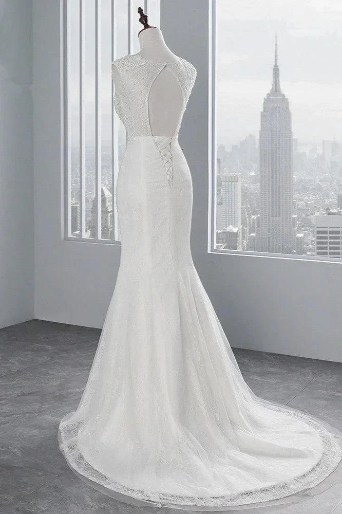 Glamorous Long Mermaid Tulle Appliques Lace Wedding Dress (ZD15155)