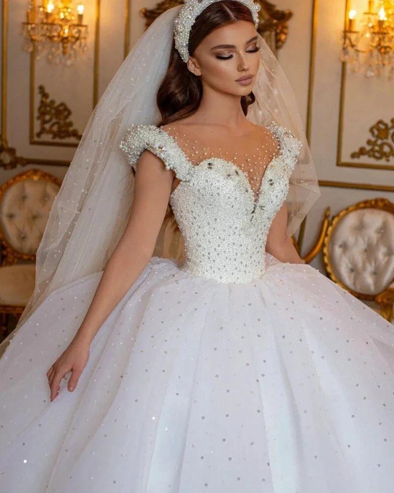 Glamorous Long Princess Off the Shoulder Beading Pearl Tulle Wedding Dress (ZD14309)