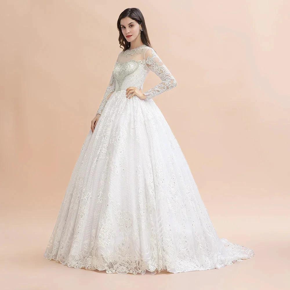 Glamorous Long Sleeve Beads White/Ivory Lace Appliques Wedding Dress (ZD14770)