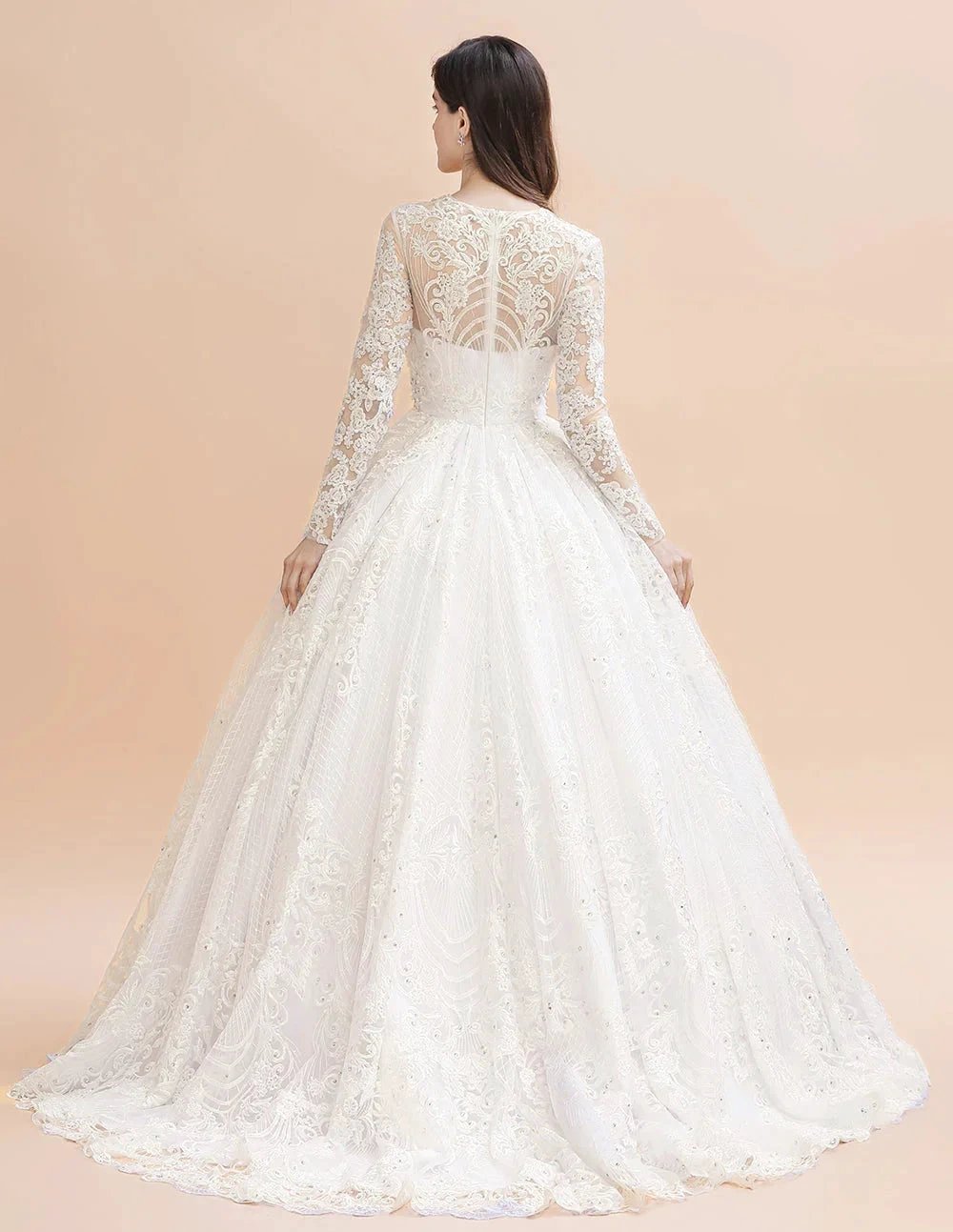 Glamorous Long Sleeve Beads White/Ivory Lace Appliques Wedding Dress (ZD14770)