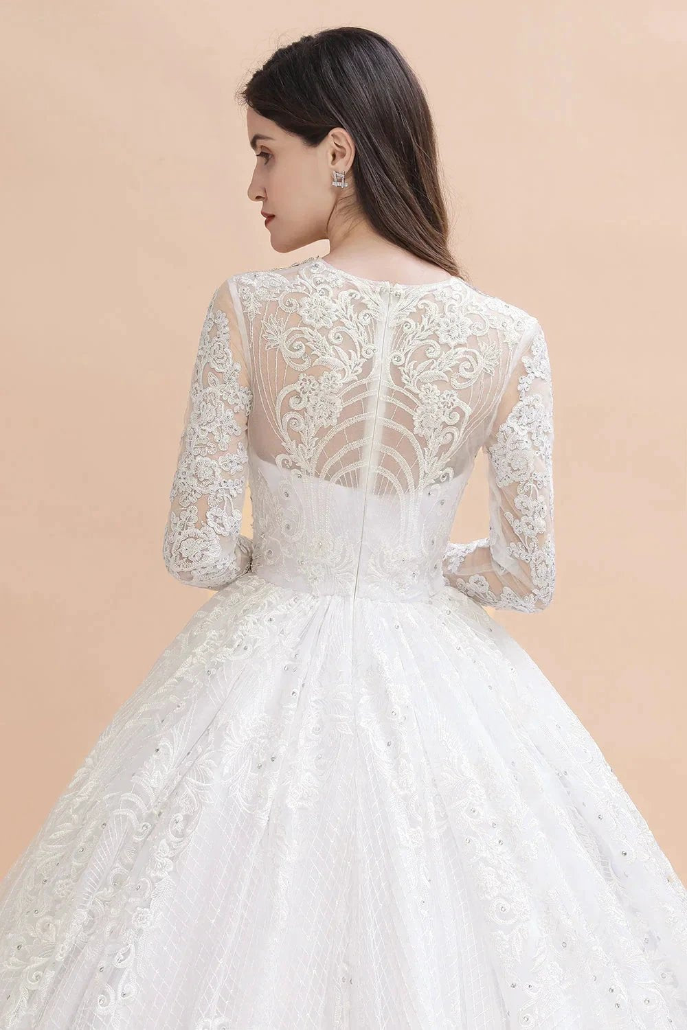 Glamorous Long Sleeve Beads White/Ivory Lace Appliques Wedding Dress (ZD14770)