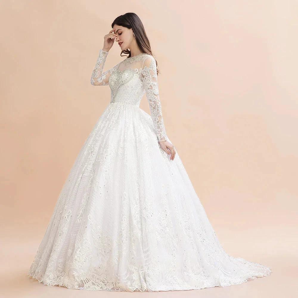 Glamorous Long Sleeve Beads White/Ivory Lace Appliques Wedding Dress (ZD14770)
