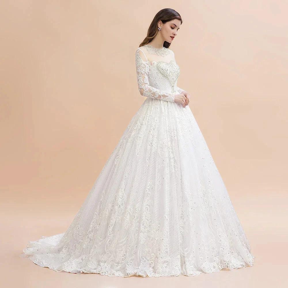 Glamorous Long Sleeve Beads White/Ivory Lace Appliques Wedding Dress (ZD14770)