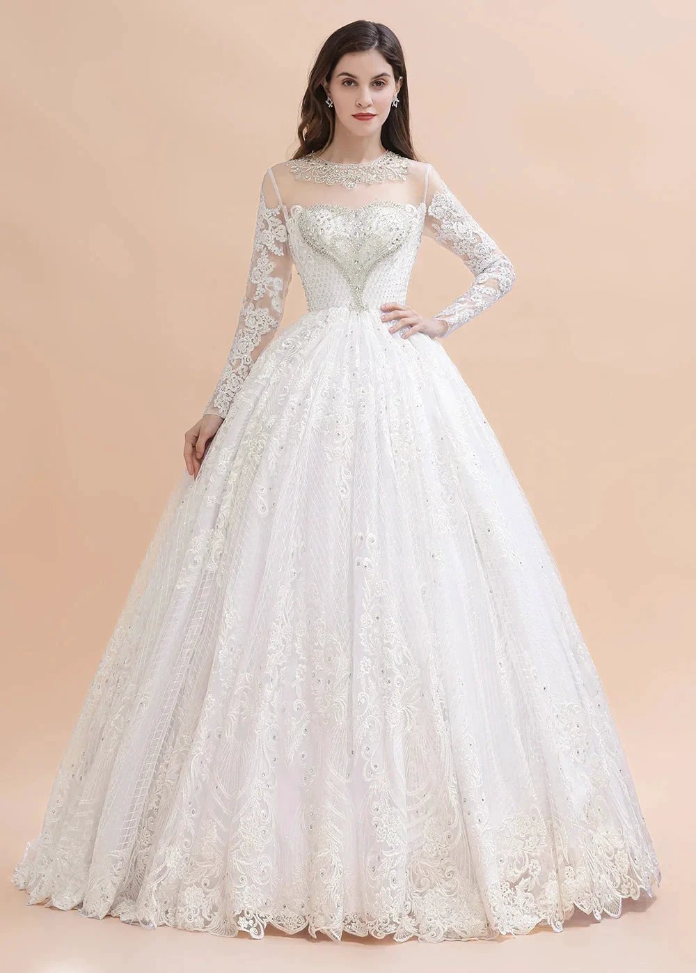 Glamorous Long Sleeve Beads White/Ivory Lace Appliques Wedding Dress by misshow.com