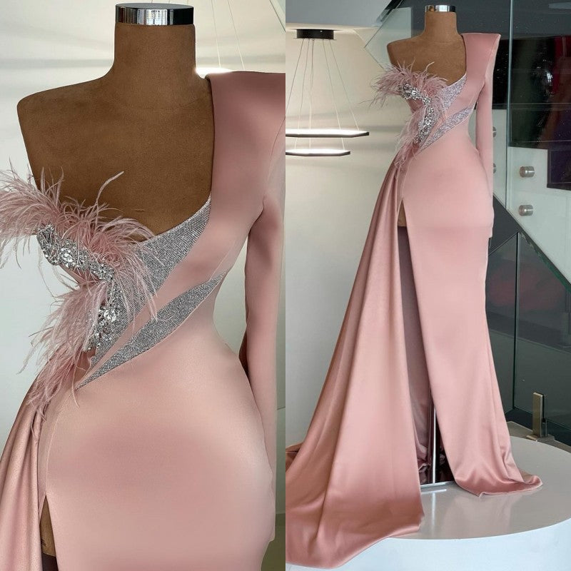 Glamorous Long Sleeve One-Shoulder Mermaid Prom Dress Long With Slit