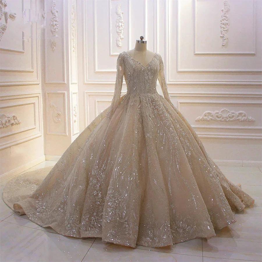 Glamorous Long Sleeve V-neck Sequin Beading Ball Gown Wedding Dress (ZD15191)