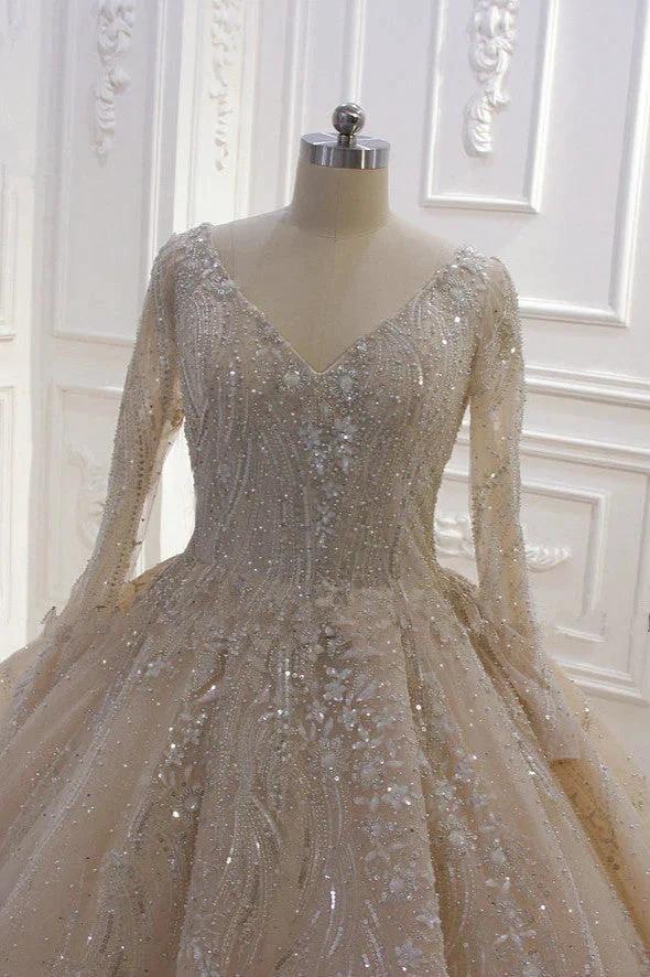 Glamorous Long Sleeve V-neck Sequin Beading Ball Gown Wedding Dress (ZD15191)