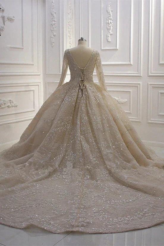 Glamorous Long Sleeve V-neck Sequin Beading Ball Gown Wedding Dress (ZD15191)