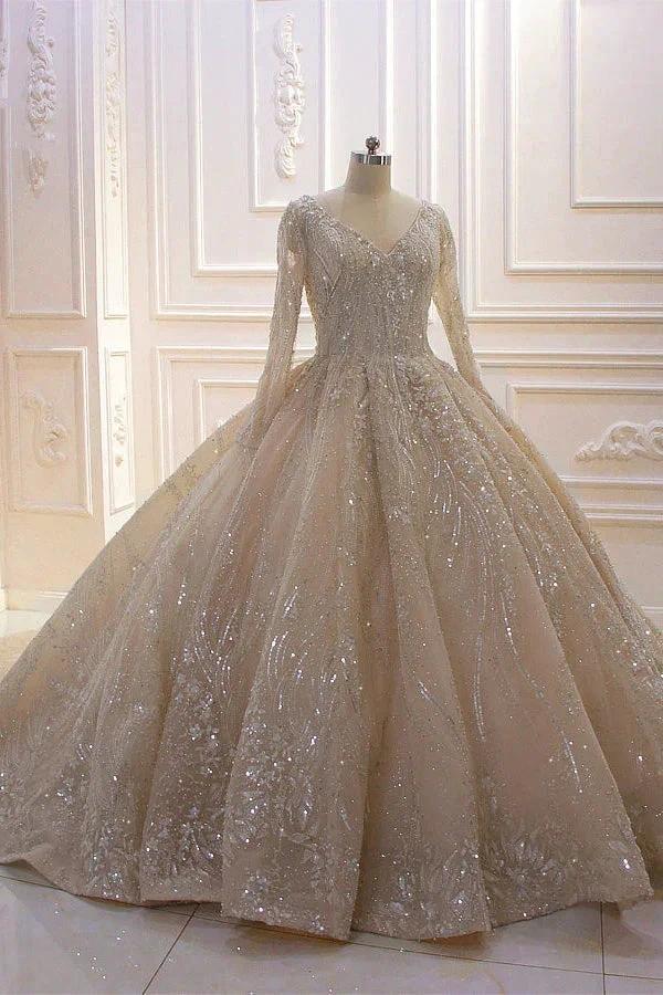 Glamorous Long Sleeve V-neck Sequin Beading Ball Gown Wedding Dress (ZD15191)
