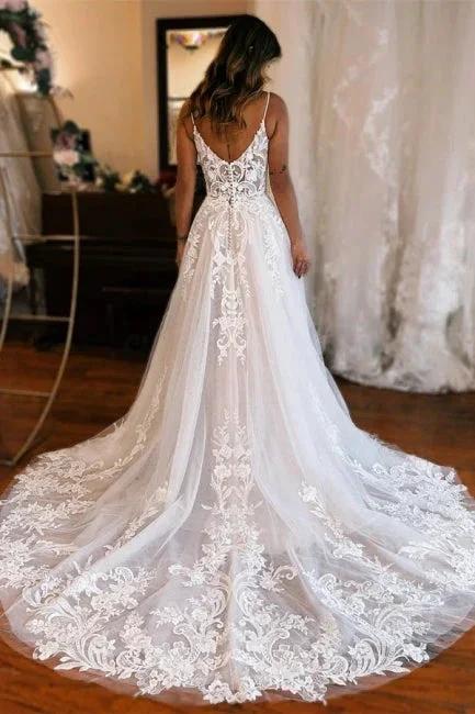 Glamorous Long White A-line Spaghetti Straps Lace Sleeveless Wedding dresses With Slit (ZD16402)
