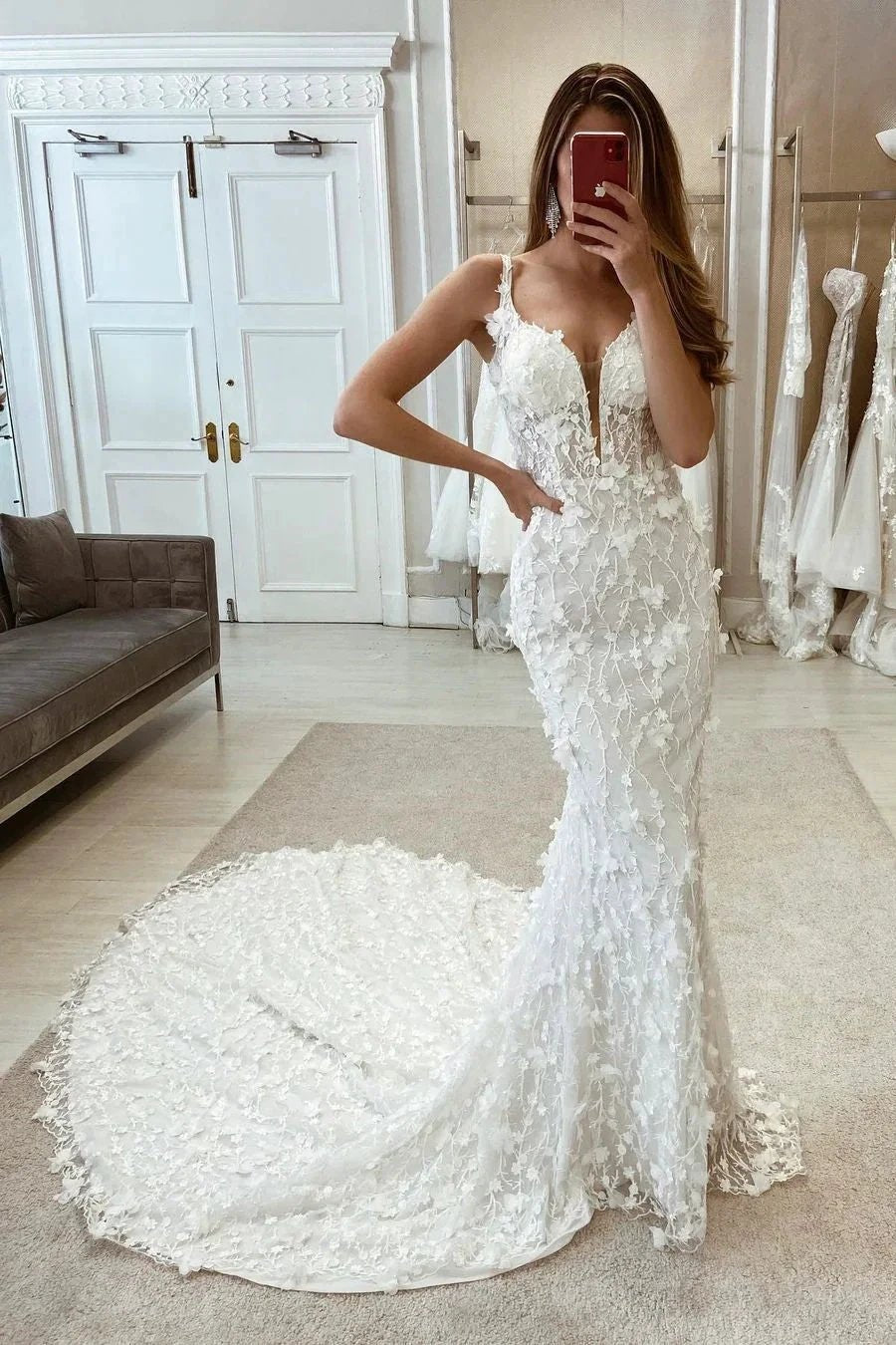 Glamorous Mermaid Straps V-neck Flowers Wedding Dress With Train (ZD14559)