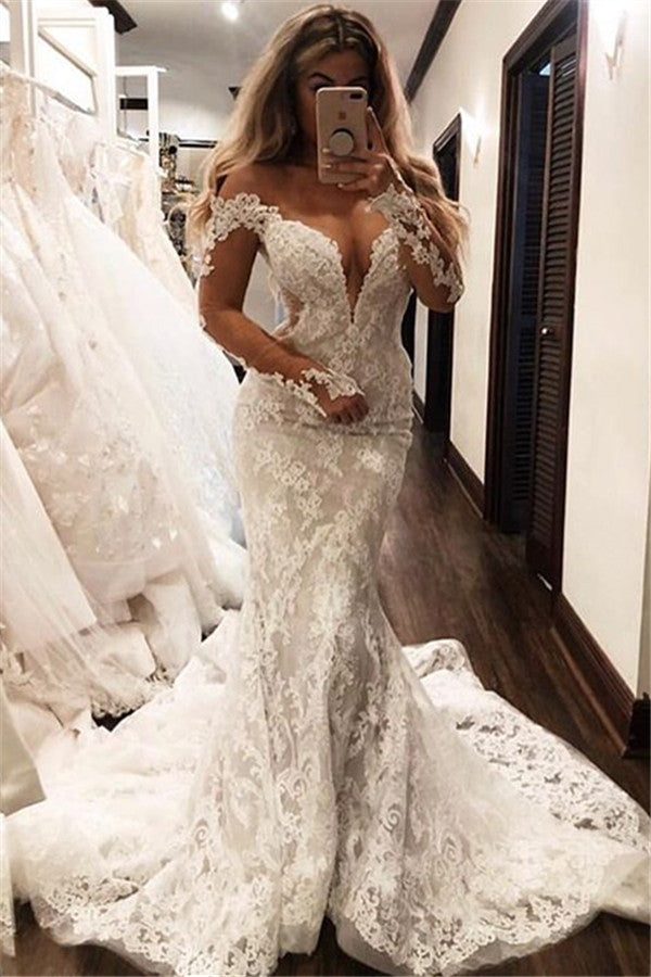 Glamorous Off-the-Shoulder Long Sleevess V-Neck Appliques Mermaid Floor-Length Wedding Dresses