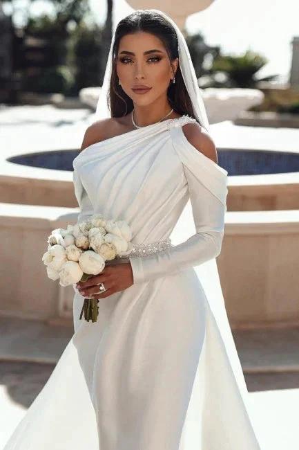 Glamorous one shoulder long sleeves mermaid satin Wedding dress with ruffles (ZD16405)