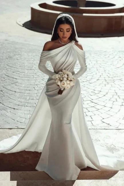 Glamorous one shoulder long sleeves mermaid satin Wedding dress with ruffles (ZD16405)