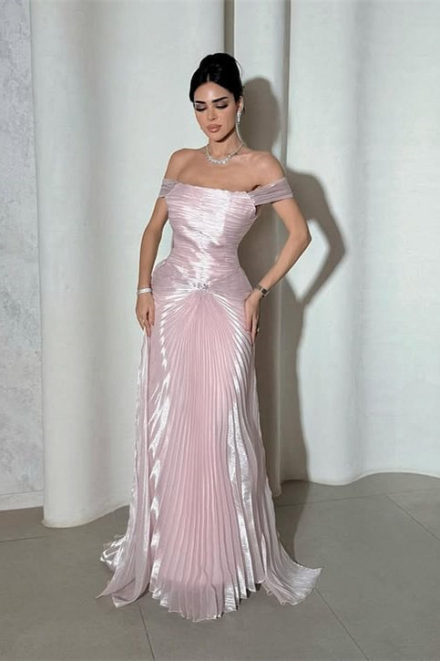 Glamorous Pink Off-The-Shoulder Prom Dress Sleeveless Sheath With Overskirt Pleats