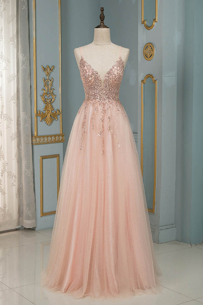 Glamorous Sequins V-Neck Long Evening Prom Dress Floor-Length