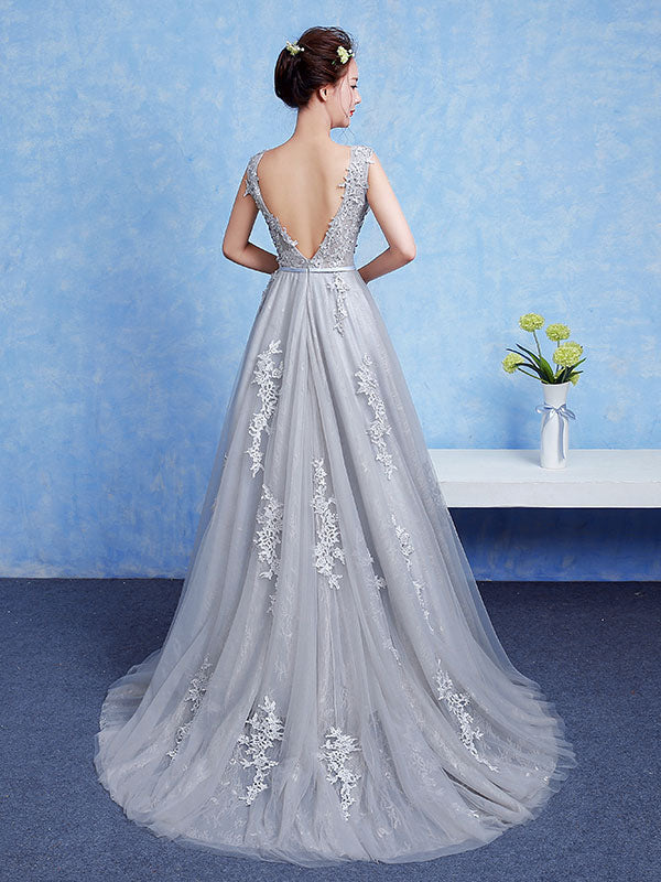 Glamorous Silver evening dress Tulle Backless Party Dress Lace Applique A-Line Occasion Dress With Train