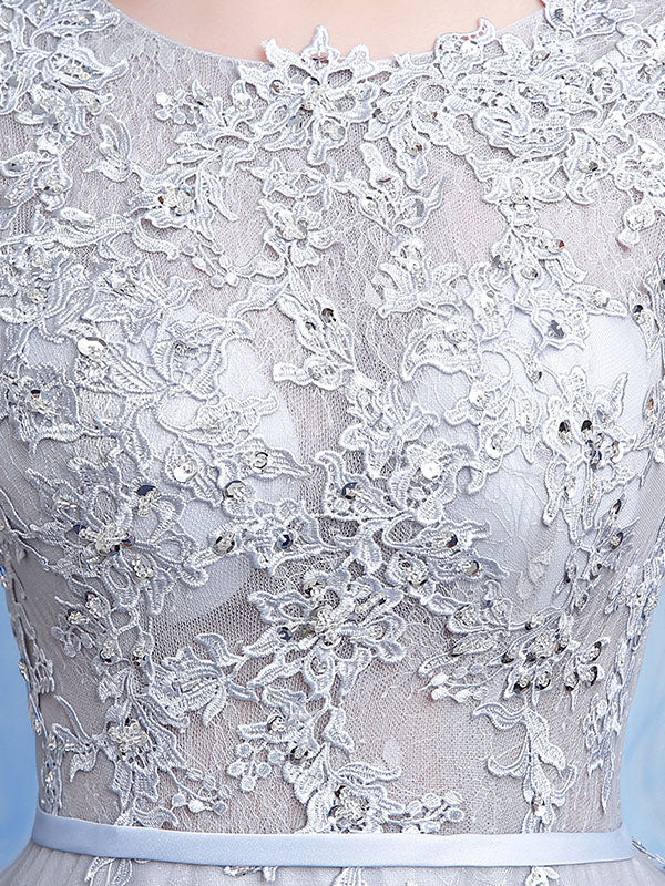 Glamorous Silver evening dress Tulle Backless Party Dress Lace Applique A-Line Occasion Dress With Train