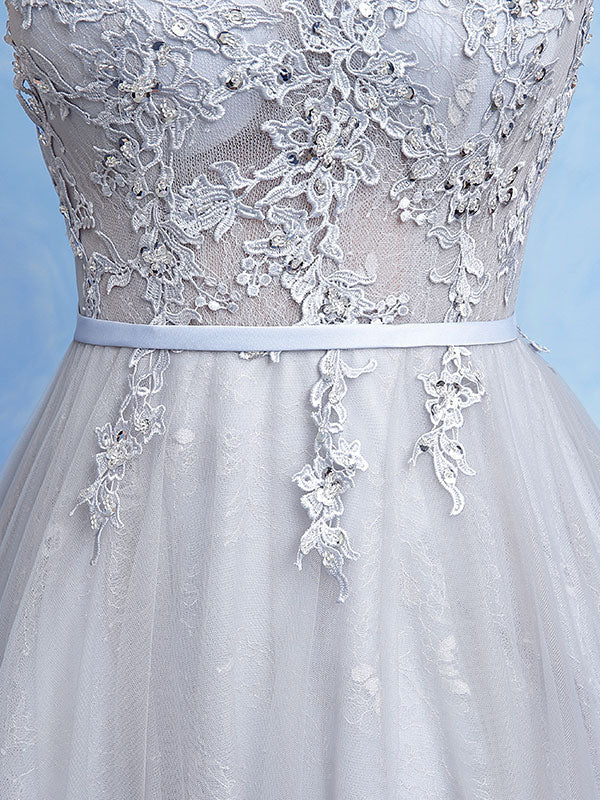 Glamorous Silver evening dress Tulle Backless Party Dress Lace Applique A-Line Occasion Dress With Train