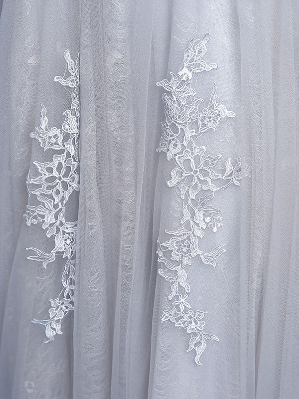 Glamorous Silver evening dress Tulle Backless Party Dress Lace Applique A-Line Occasion Dress With Train