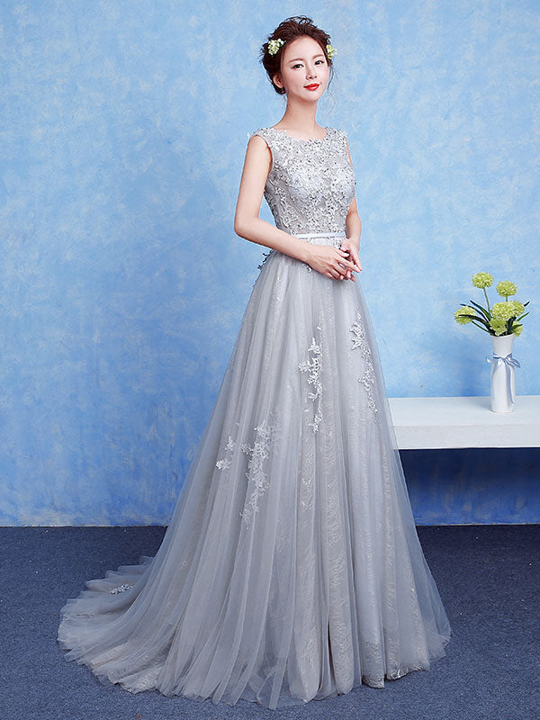 Glamorous Silver evening dress Tulle Backless Party Dress Lace Applique A-Line Occasion Dress With Train