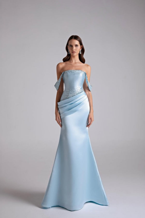 Glamorous Sky Blue Off-The-Shoulder Satin Mermaid Prom Dress Beading With Zipper