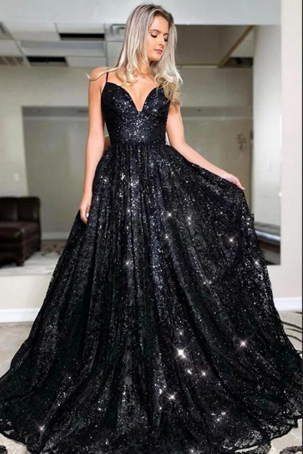 Glamorous Spaghetti-Straps Black Sequins Long Evening Prom Dress
