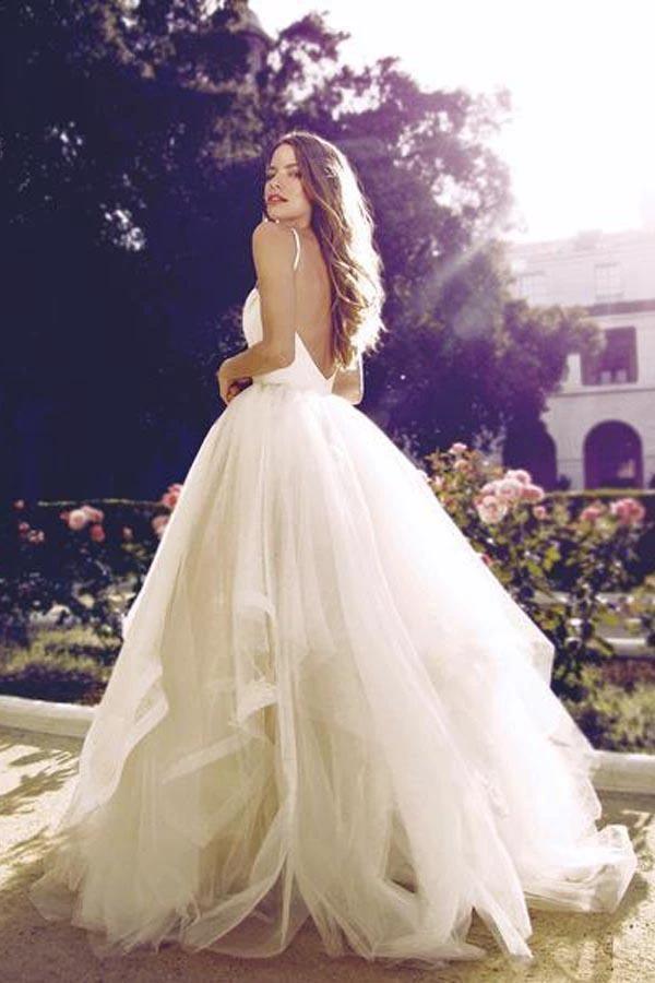 Glamorous Straps Ball Gowns Ivory Backless Tulle Wedding Dresses (ZD15464)