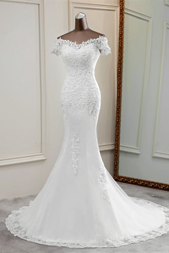 Glamorous Sweetheart Lace Beading Wedding Dresses Short Sleeves Appliques Mermaid Bridal Gowns (ZD17453)