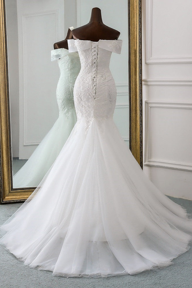 Glamorous Tulle Lace Off-the-Shoulder White Mermaid Wedding Dresses (ZD17420)