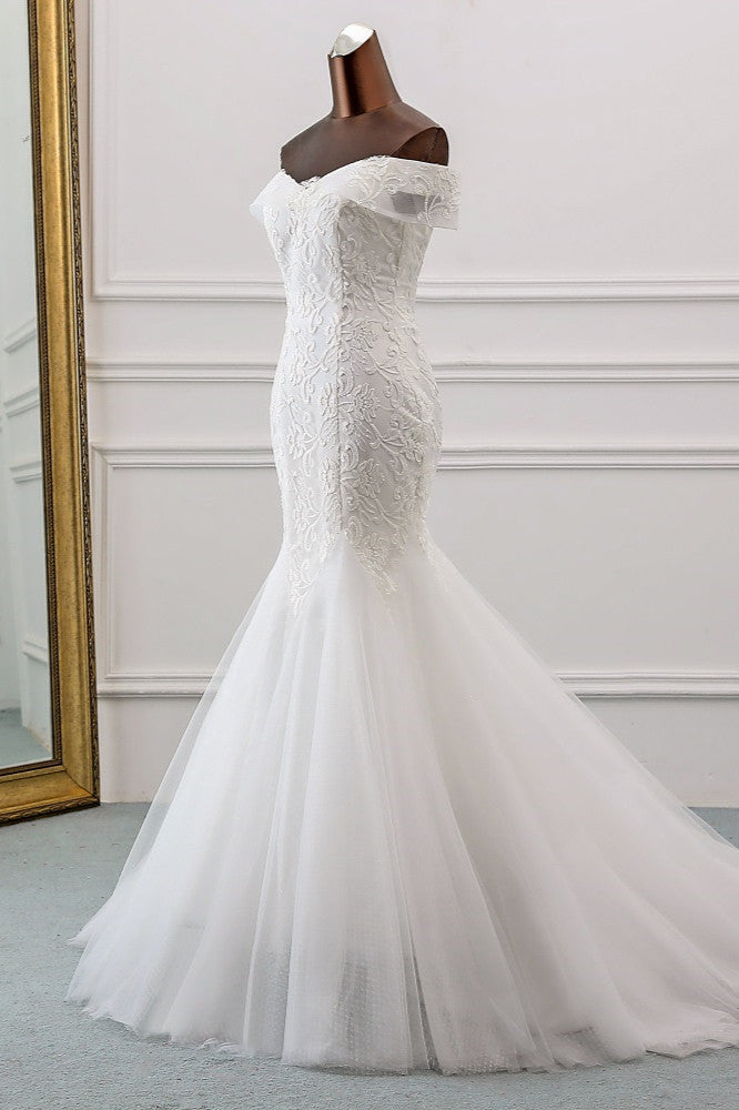Glamorous Tulle Lace Off-the-Shoulder White Mermaid Wedding Dresses (ZD17420)