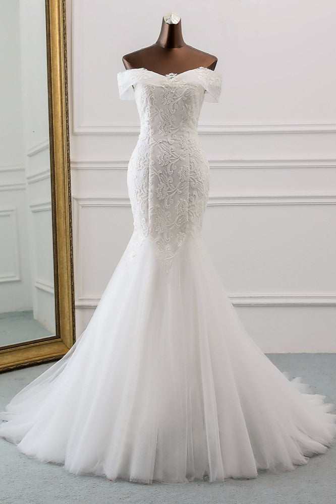 Glamorous Tulle Lace Off-the-Shoulder White Mermaid Wedding Dresses (ZD17420)