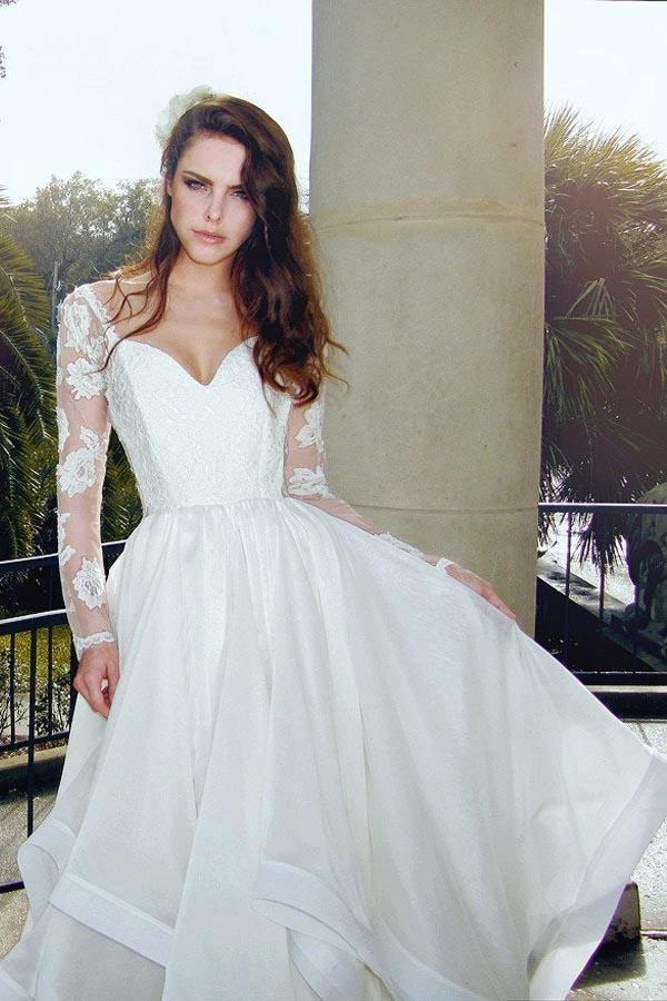 Glamorous V Neck Long Sleeves Lace Organza Wedding Dresses (ZD15463)