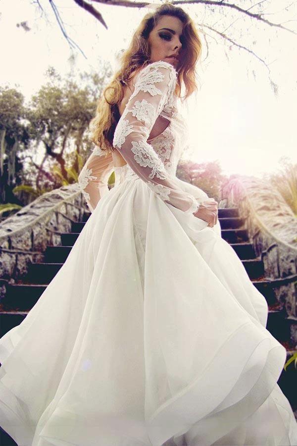 Glamorous V Neck Long Sleeves Lace Organza Wedding Dresses (ZD15463)