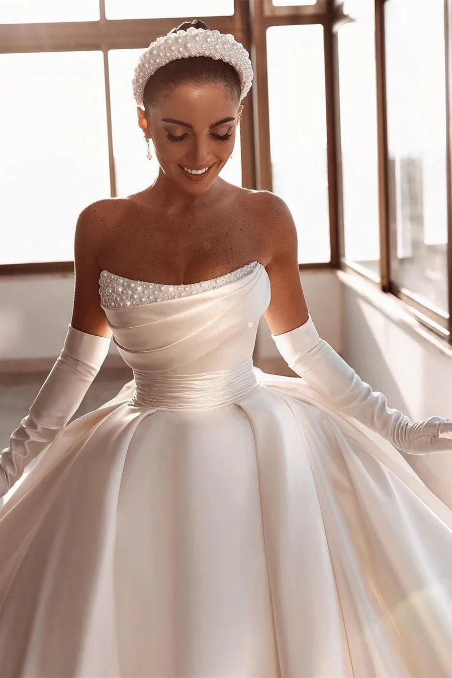 Glamorous White A-line Beading Satin Wedding Dress With Train (ZD16558)