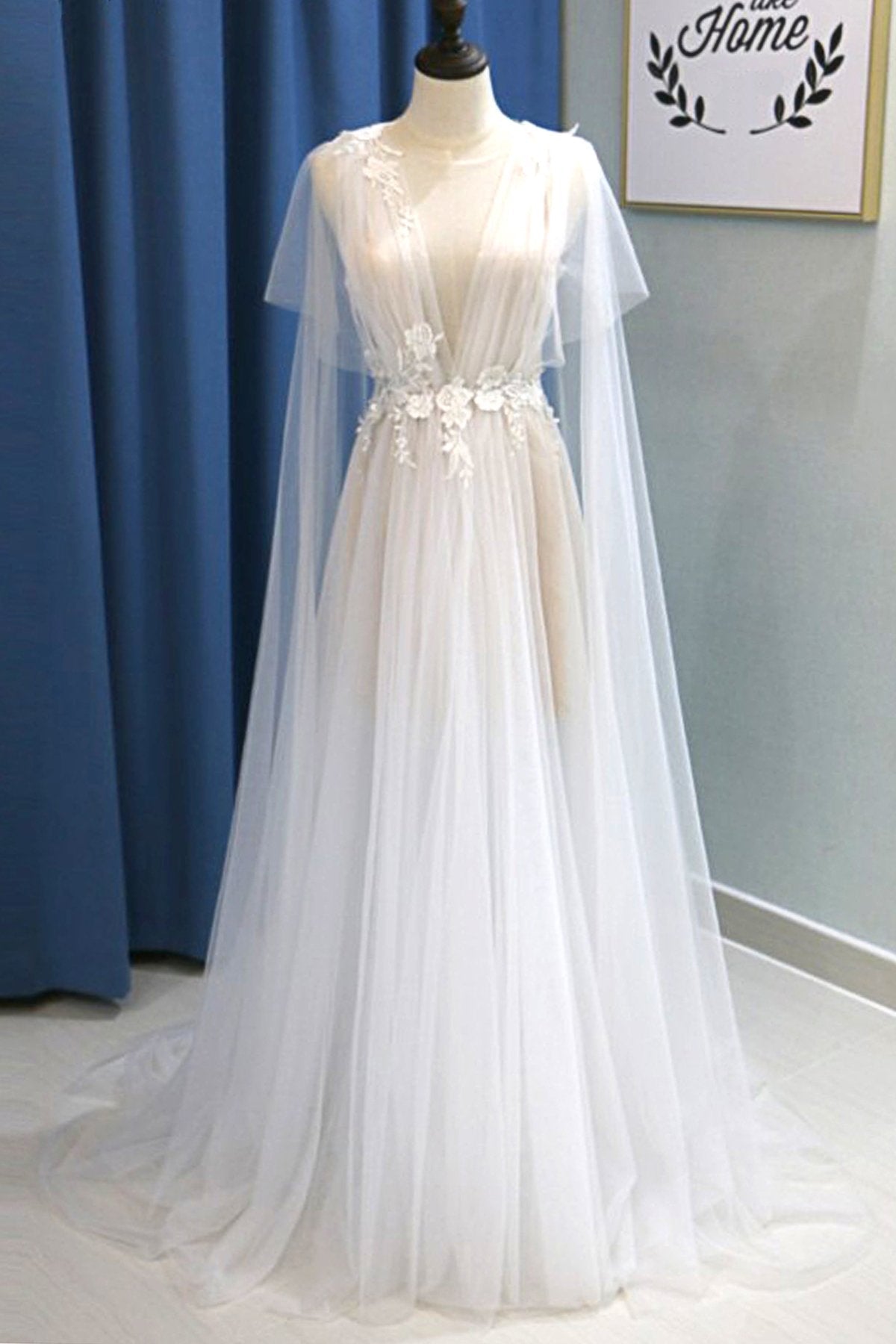 Glamorous White Tulle V-Neck Beach Wedding Dress A Line Flower Bridal Gowns On Sale (ZD17435)