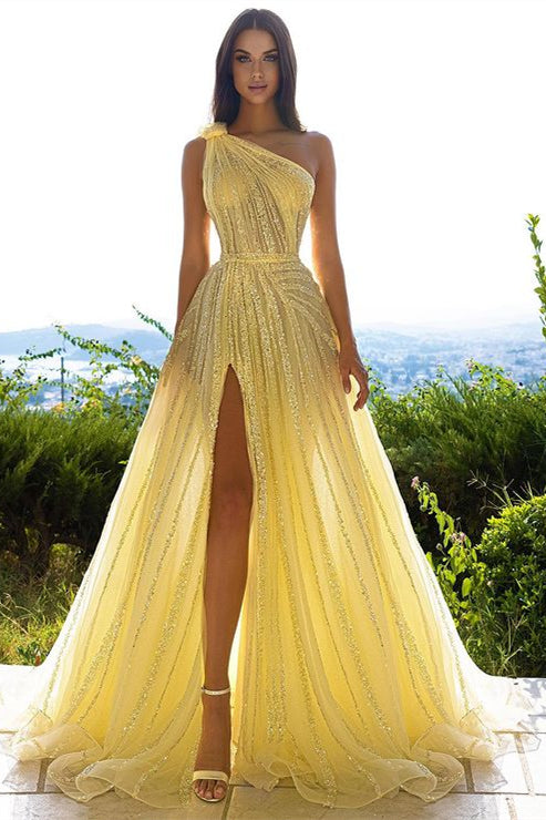 Glittering One-Shoulder Daffodil Sequins Prom Dress Long Split Online