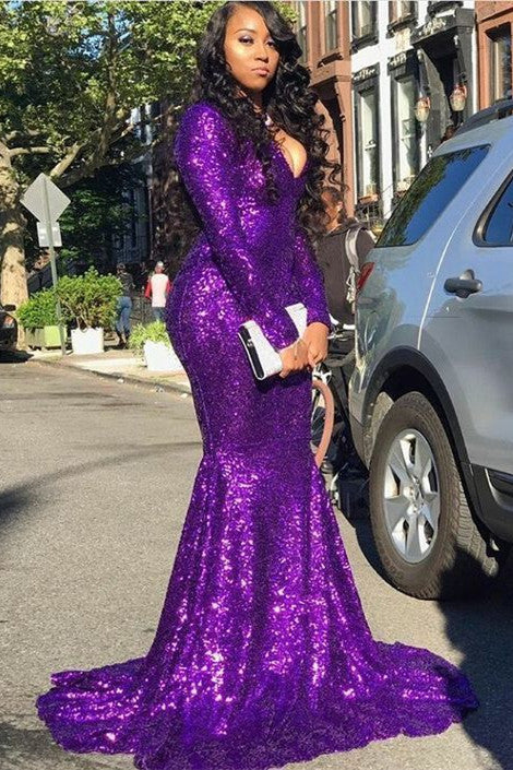 Glittering V-Neck Long Sleevess Sequins Mermaid Prom Dresses