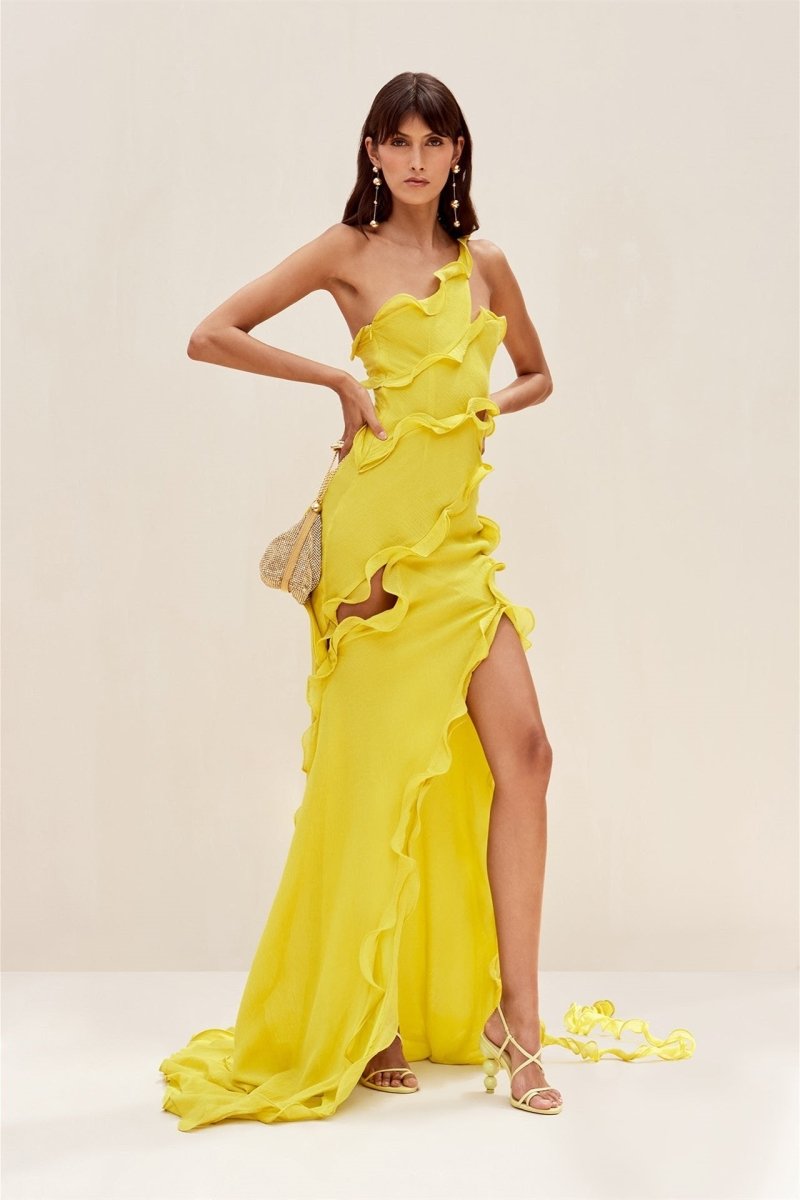 Paulina Premium Maxi Chiffon Dress with One Shoulder Straps and Ruffles Statement Occasion Edit