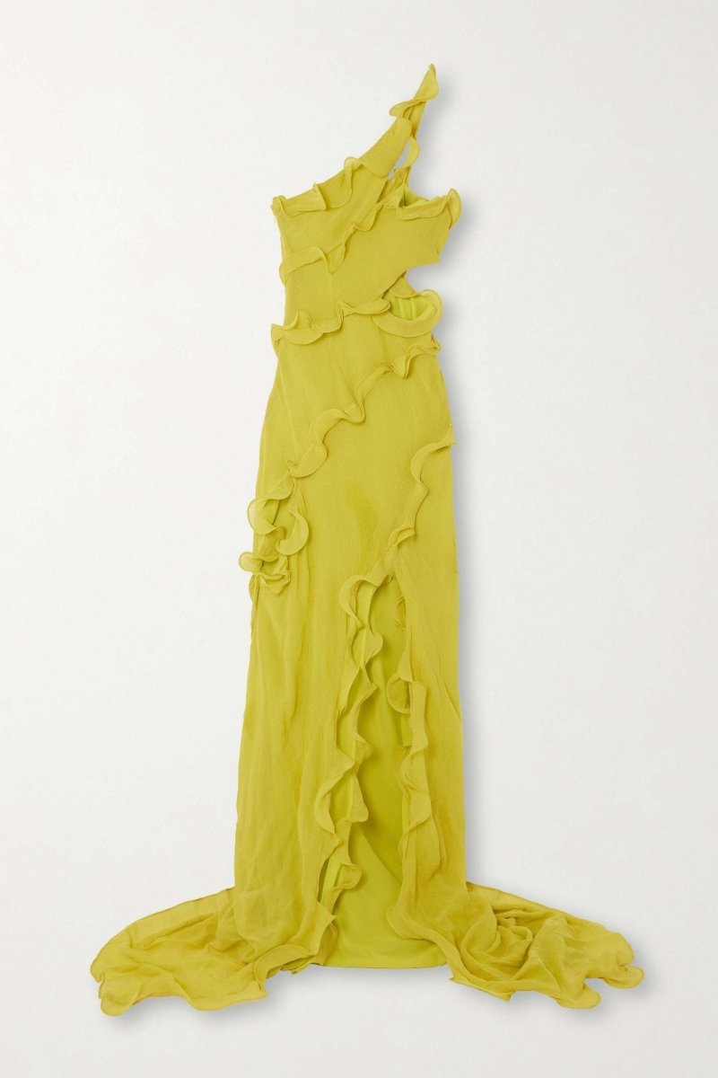 Paulina Premium Maxi Chiffon Dress with One Shoulder Straps and Ruffles Statement Occasion Edit