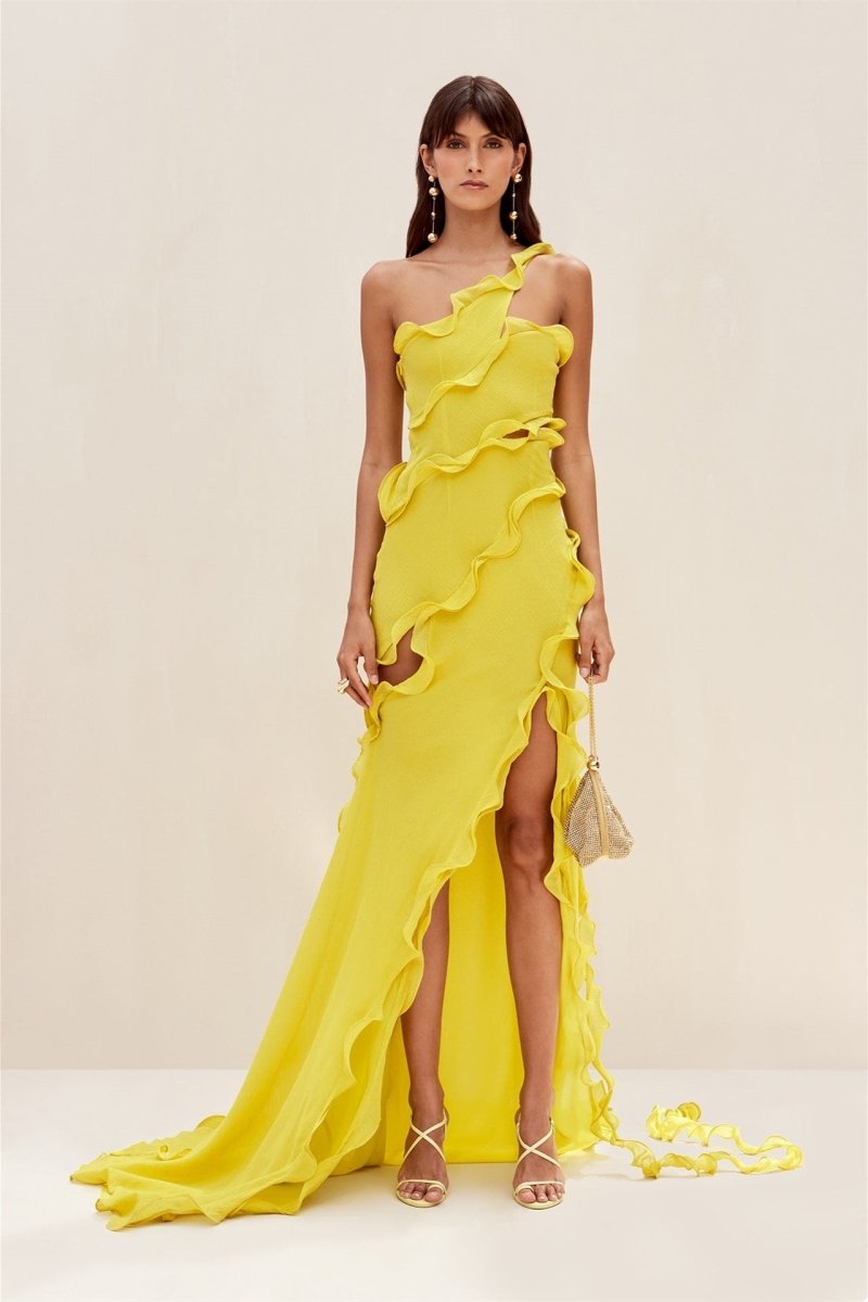 Paulina Premium Maxi Chiffon Dress with One Shoulder Straps and Ruffles Statement Occasion Edit