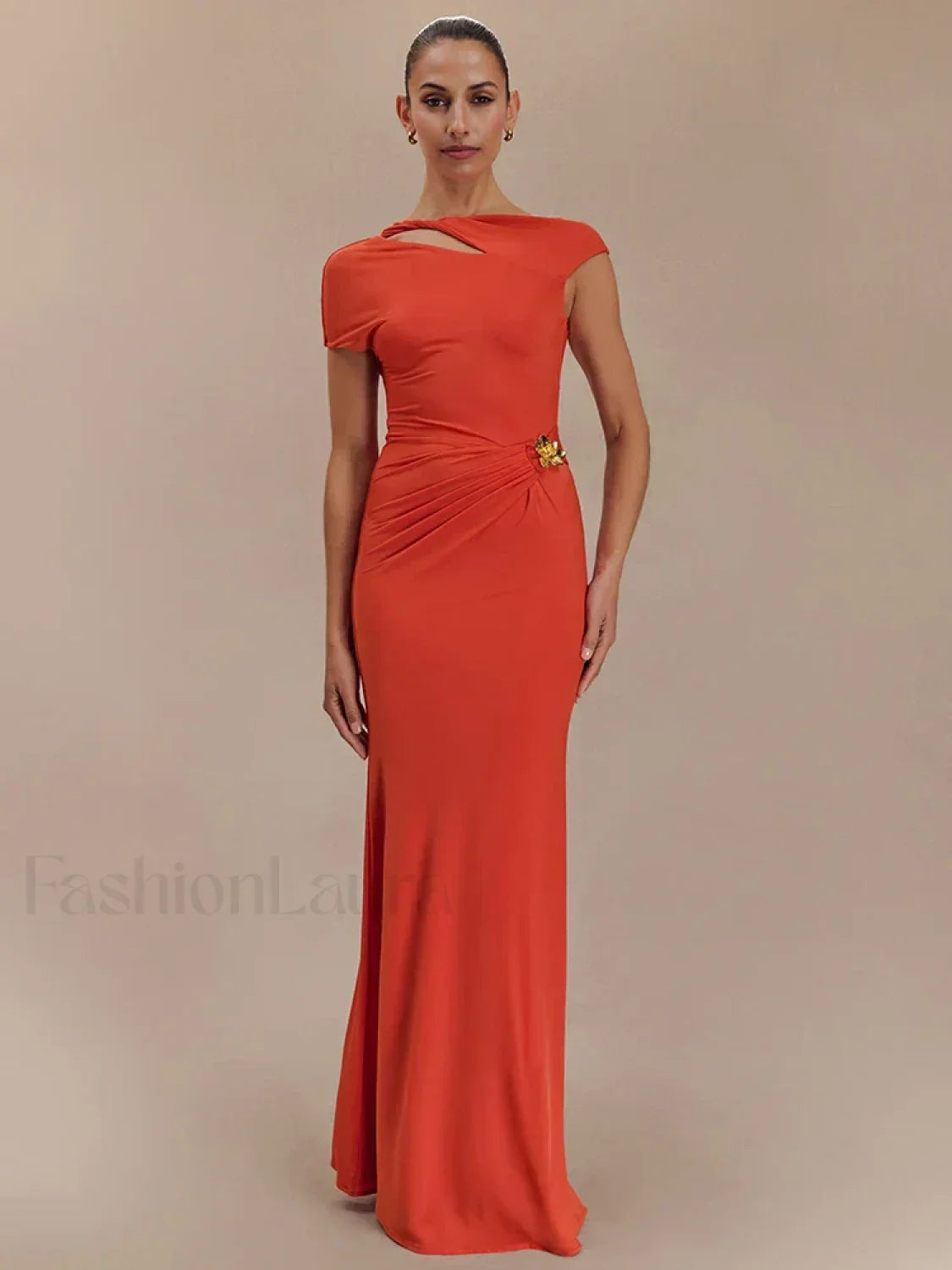 Gold Clasp Ruched Bodycon Maxi Dress