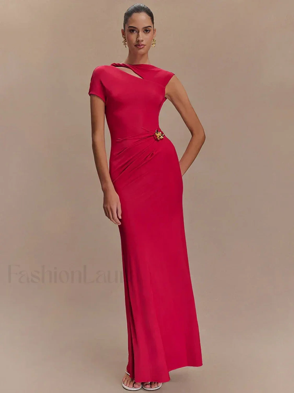 Gold Clasp Ruched Bodycon Maxi Dress
