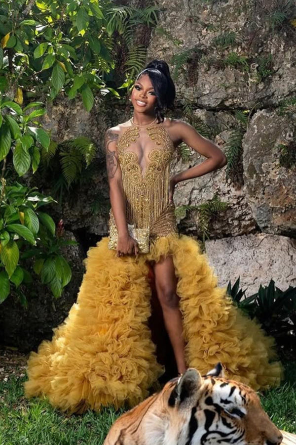 Gold Ruffles Mermaid Luxury Sequin Floor-Length Prom Dresses