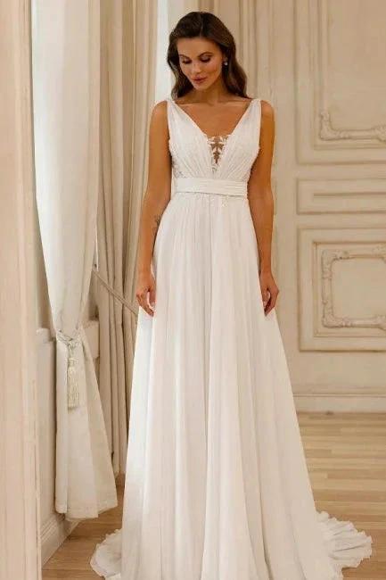 Gorgeous A-Line Chiffon Lace V-Neck Sleeveless White Wedding Dresses With Openback (ZD16668)
